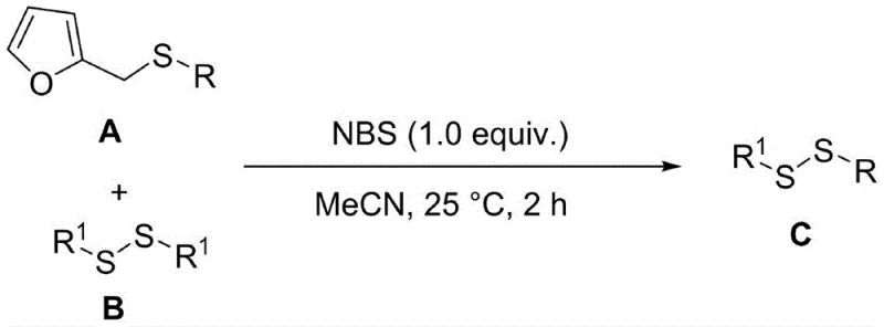 General reaction scheme showing NBS promoted coupling of thioether A and symmetrical disulfide B to form asymmetric disulfide C