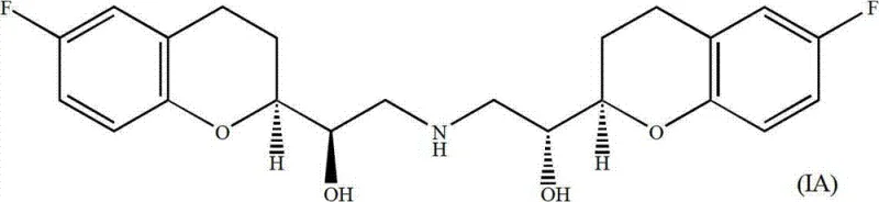 Chemical structure of Nebivolol (Formula IA) showing the symmetric dimeric structure with four chiral centers