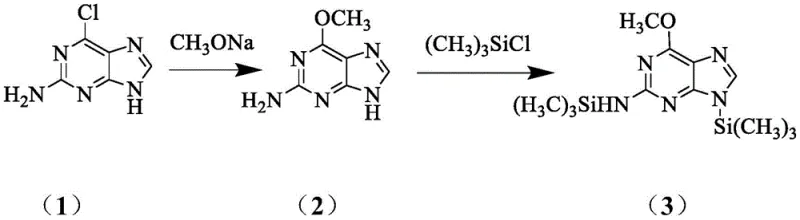 Reaction scheme showing the preparation of silylated purine base and cytarabine from cyclocytidine