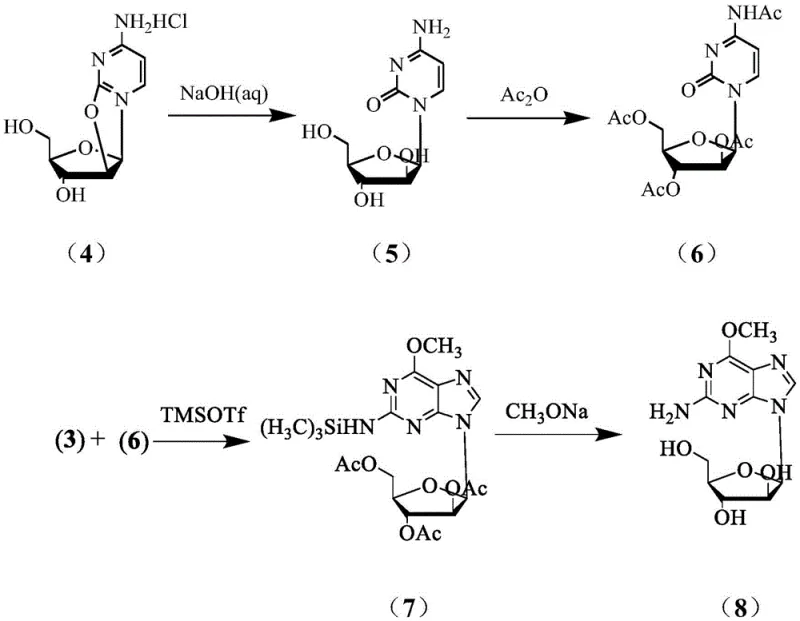 Reaction scheme showing the coupling of protected sugar and base to form nelarabine