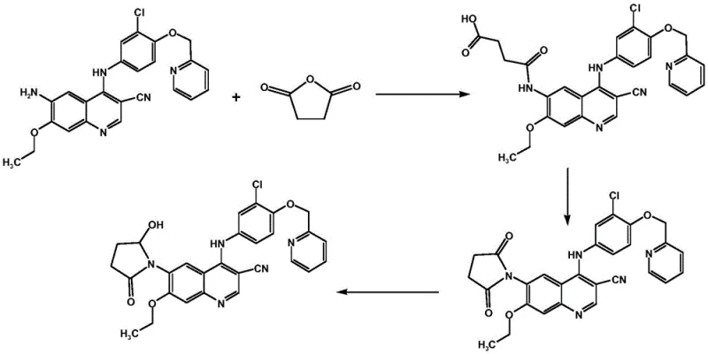 Prior art synthetic route showing low yield and column separation requirement