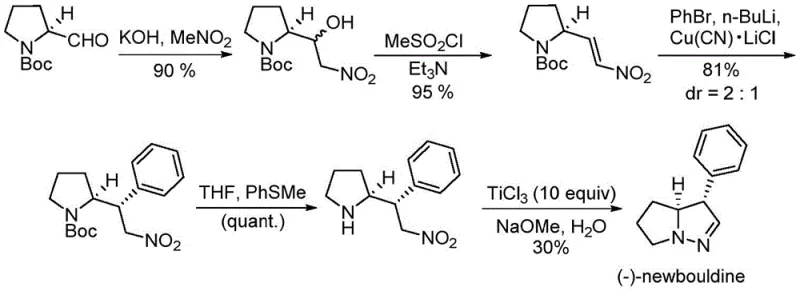 Conventional synthetic route by Trauner utilizing toxic CuCN and stoichiometric TiCl3