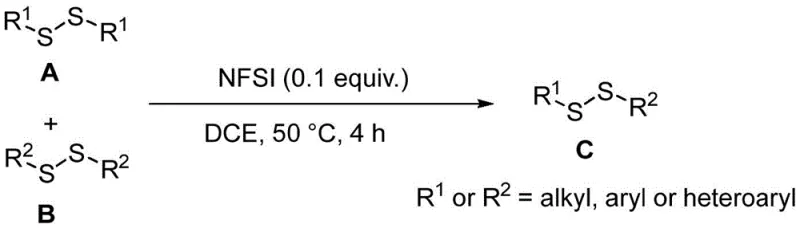 General reaction scheme showing NFSI catalyzed coupling of symmetric disulfides A and B to form asymmetric disulfide C