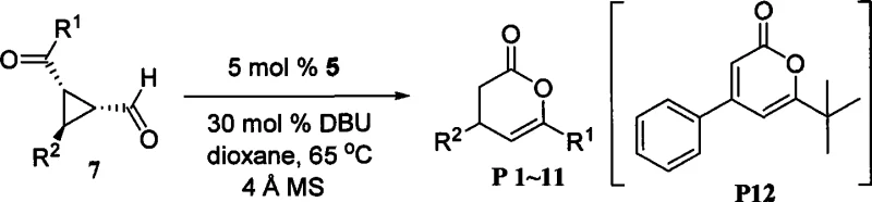 Optimized reaction scheme showing NHC-catalyzed ring expansion of cyclopropane to pyranone with specific conditions