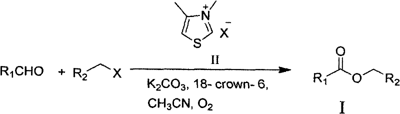 General reaction scheme showing aldehyde and halide conversion to ester using NHC catalyst