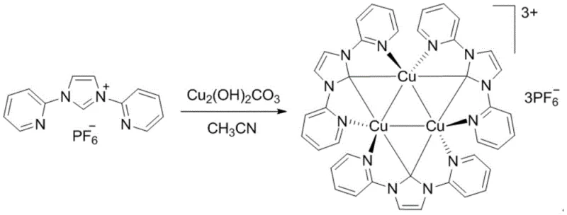 Synthesis of N-heterocyclic carbene copper catalyst from imidazolium salt precursor and basic copper carbonate in acetonitrile solvent