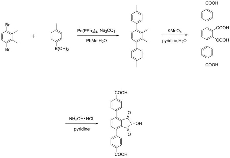Reaction scheme for synthesizing NHPI-functionalized ligand (a) via coupling, oxidation, and cyclization