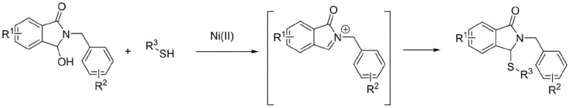 General reaction scheme for Ni(II) catalyzed synthesis of 3-thioether isoindolinones from hydroxy precursors and thiols