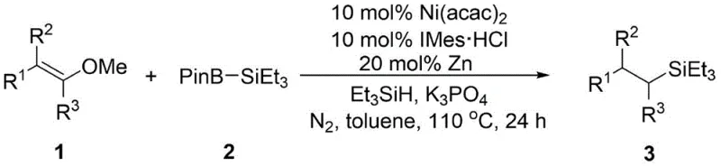 General reaction scheme for Ni-catalyzed synthesis of alkyl silicon compounds from alkenyl methyl ethers