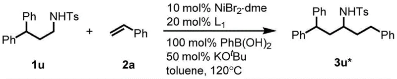 Asymmetric synthesis example yielding chiral alkylamine product 3u* with high enantiomeric ratio