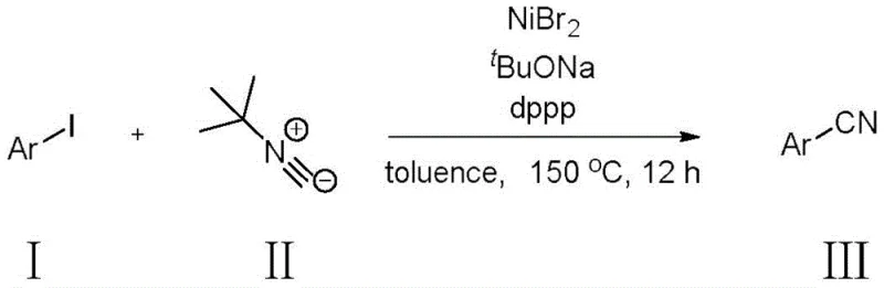 General reaction scheme showing Nickel-catalyzed cyanation of Aryl Iodide with tert-butyl isonitrile
