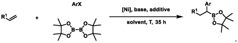 General reaction scheme showing nickel-catalyzed boronation of terminal olefins with aryl halides and bisboronic acid pinacol ester