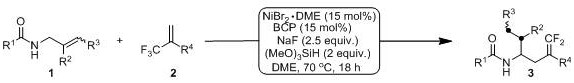 General reaction scheme for nickel-catalyzed migration defluorination allylation of unactivated olefins with trifluoromethyl-substituted olefins