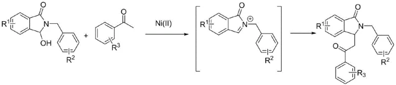 General reaction scheme showing Ni(II) catalyzed coupling of 3-hydroxy-2-phenethyl-isoindolin-1-one with acetophenone derivatives