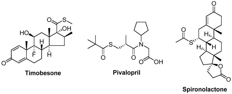 Chemical structures of pharmaceutical drugs containing thioester motifs such as Timobesone, Pivalopril, and Spironolactone