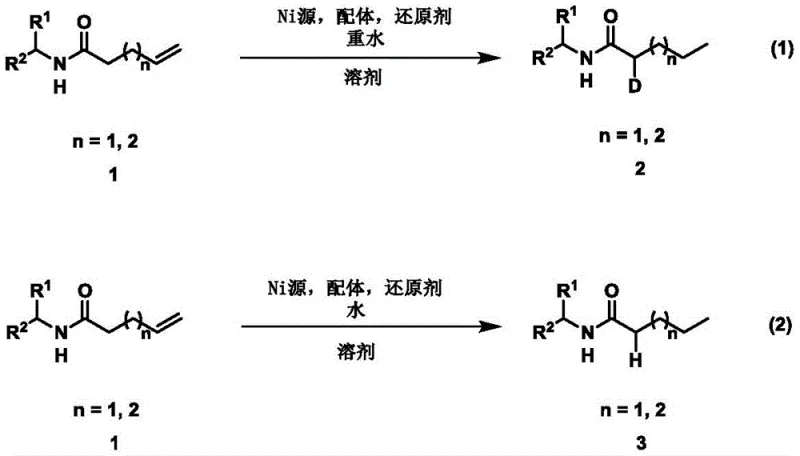 General reaction scheme for nickel-catalyzed chain walking olefin transfer hydrogenation and hydrodeuteration