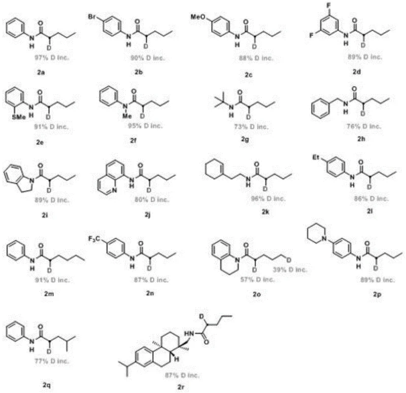 Substrate scope of migrating hydrogen deuterated products showing diverse chemical structures