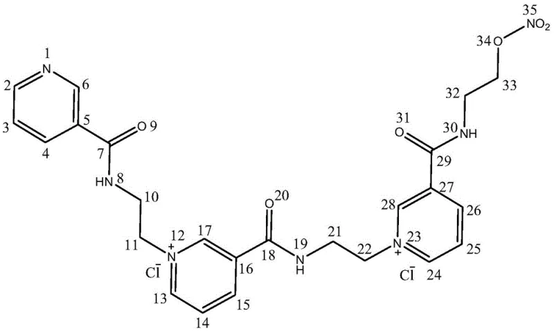 Chemical structure of Nicorandil Trimer Chloride with atom numbering for NMR assignment