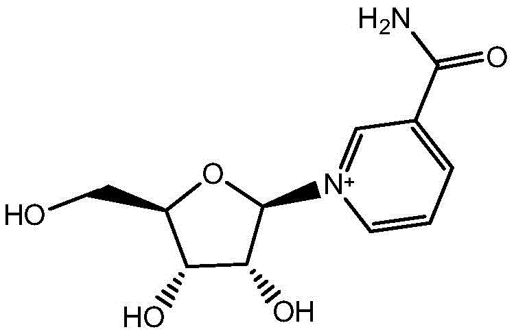Chemical structure of Nicotinamide Riboside showing the ribose sugar moiety linked to the nicotinamide base