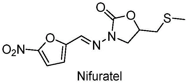 Chemical structure of Nifuratel showing the nitrofuran and oxazolidinone moieties