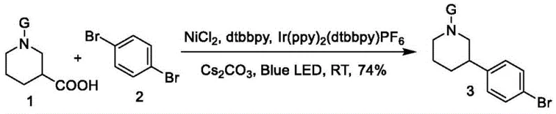 Reaction scheme showing Ni/Ir dual catalytic system for synthesizing nilapanib intermediate under blue LED irradiation