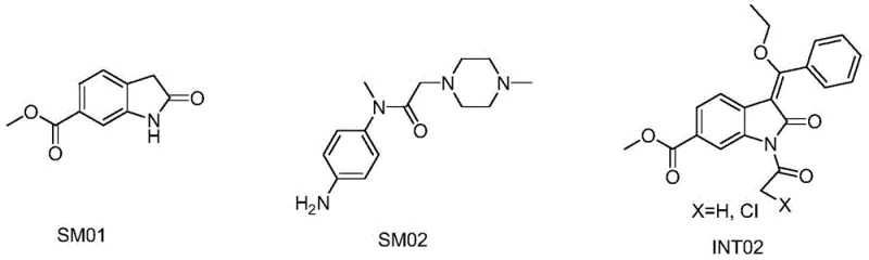 Chemical structures of starting materials SM01, SM02 and key intermediate INT02 showing the indole and piperazine moieties
