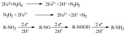 Reaction mechanism showing electron transfer from Fe2+ and proton donation from Hydrazine