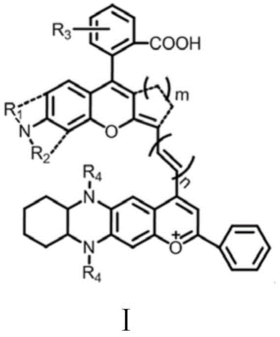 General structural formula I of the novel near-infrared two-region organic fluorescent dye