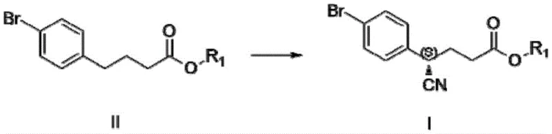 Reaction scheme showing the copper-catalyzed asymmetric cyanation of compound II to compound I