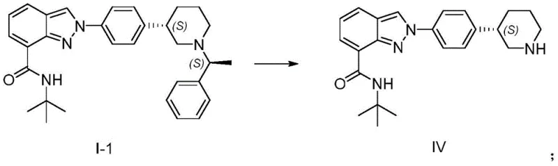 Step 1 of novel synthesis: Hydrogenolysis of Compound I-1 to Compound IV