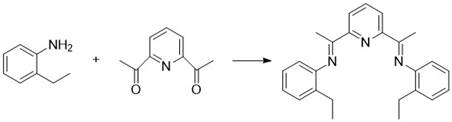 Ligand synthesis pathway showing condensation reaction between substituted aniline and diacetylpyridine to form tridentate pyridine-based ligand
