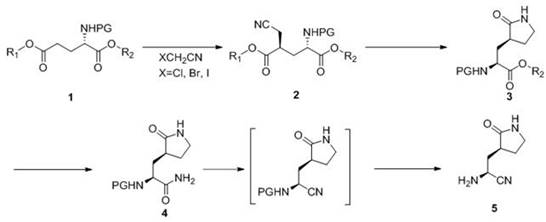 General synthetic route showing the four-step continuous transformation from compound 1 to compound 5
