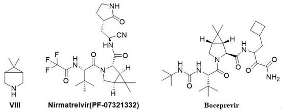 Chemical structures of the target intermediate VIII alongside the final drug products Nirmatrelvir and Boceprevir