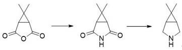 Conventional synthetic route utilizing caronic anhydride highlighting high cost and complex reduction steps