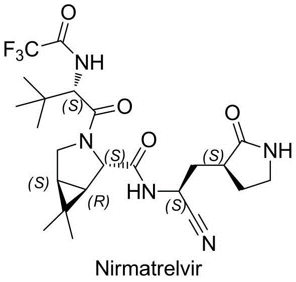 Chemical structure of Nirmatrelvir showing the complex peptidomimetic backbone