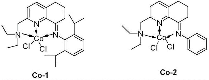 Specific structures of Co-1 and Co-2 catalyst variants showing different aryl substituents