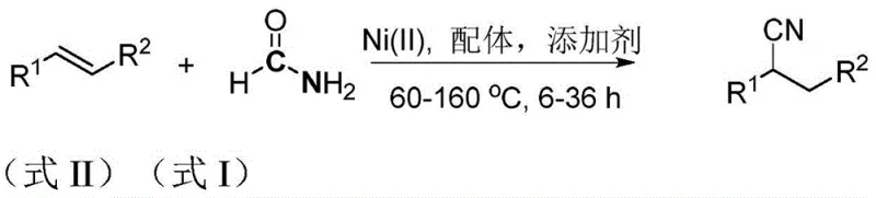 General reaction scheme showing olefin hydrocyanation with formamide to produce nitrile compounds
