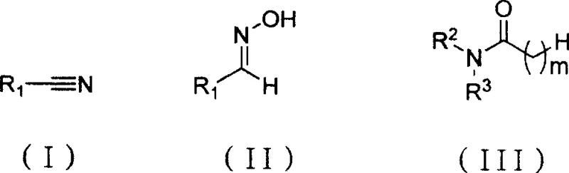 General chemical structures of nitrile product (I), aldoxime reactant (II), and N,N-disubstituted amide (III) used in the synthesis