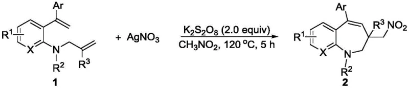 General reaction scheme showing silver-mediated cyclization of o-alkenylacrylamides to nitro-containing 7-membered nitrogen compounds