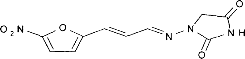 Molecular structure of 1-((3-(5-nitro-2-furyl)allylidene)amino)hydantoin showing the nitrofuran and hydantoin moieties
