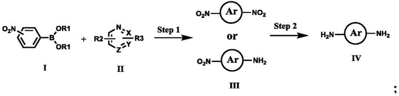 Overall two-step synthesis scheme showing Suzuki coupling followed by nitro reduction to form diamines