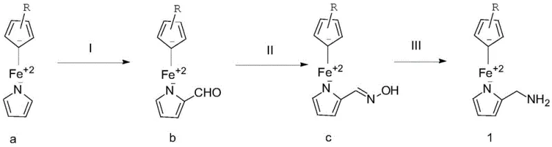 General reaction scheme for synthesizing nitrogenous heterocyclic ferrocene derivatives via formylation and reduction
