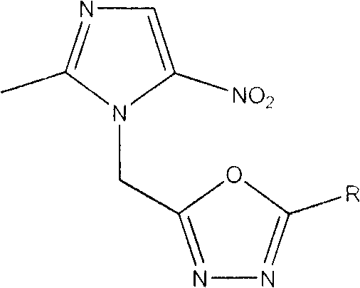 General chemical structure of novel nitroimidazole-oxadiazole derivatives showing variable R groups