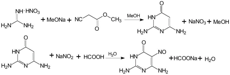 Reaction process of the preparation method of 2,4-diamino-5-nitroso-6-hydroxypyrimidine showing the novel formic acid route