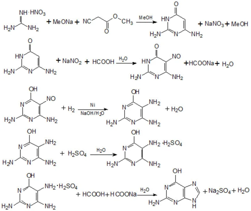 Preparation method technology of guanine showing the full synthesis route from intermediate to final product