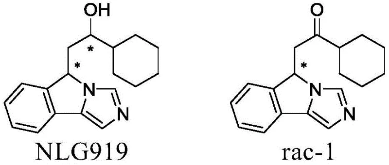 Chemical structures of NLG919 and its precursor rac-1 showing chiral centers
