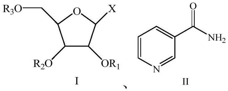 General reaction scheme showing ribofuranose derivative Formula I and nicotinamide Formula II as starting materials