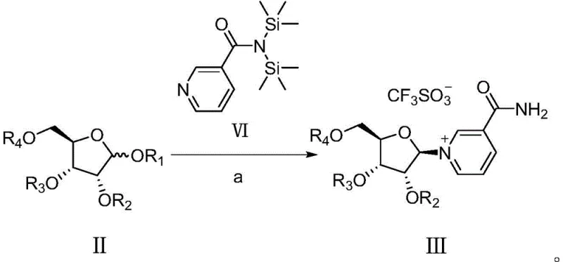 Glycosylation reaction mechanism showing condensation of Formula II and Formula VI to form Formula III
