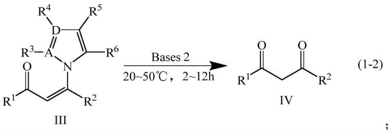 Hydrolysis step converting intermediate compound III to final 1,3-diketone product IV