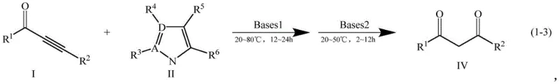 One-pot reaction scheme converting alkynone I to 1,3-diketone IV via intermediate III